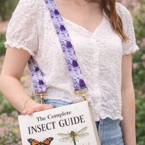 Bookmark Purse, Book Carrier, Purple Flowers w/Butterfly Charm